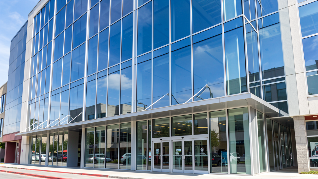 Modern commercial building with glass curtain wall facade