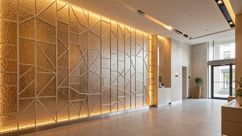 Custom decorative glass panel installation in a modern lobby